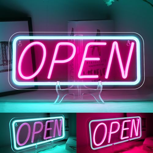 ineonlife Open neonskylt, blinkande öppen LED-skylt, växelvis rosa och blå lyster, väggdekor neon LED-bokstäver tecken för butiker, restauranger, barer, gym, krogar