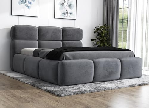 A&J MöbelLand Polsterbett 120x200 mit Matratze, Bettkasten und Lattenrost – MAROKO, Bett mit Stauraum in Dunkelgrau