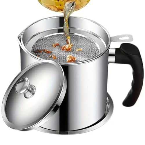 HAOHEJIA Bacon Grease Container with Strainer & Lid, 1.3L 304 Stainless Steel Grease Saver Keeper Pot Can, Cooking Oil Strainer Filter for Kitchen