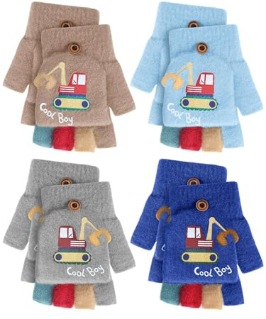 Geyoga 4 Paires Gants à Rabat pour Enfant Gants sans Doigts Mitaines Convertibles Tricotés Moufles Mitaines avec Rabat pour 3-10 Ans