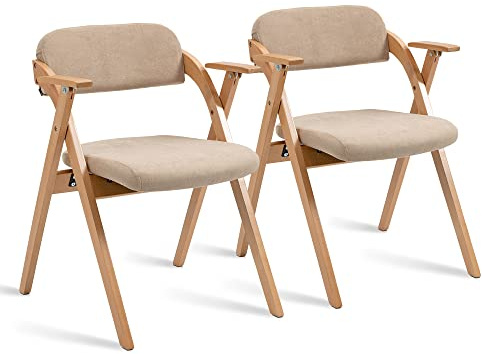 Villeston Klappstühle mit gepolsterten Sitzen, 2 Set | Holz-Esszimmerstuhl mit abnehmbarem Bezug, klappbarer Stuhl für Gäste, Küche, Büro, Hochzeit & Party, Sandfarben