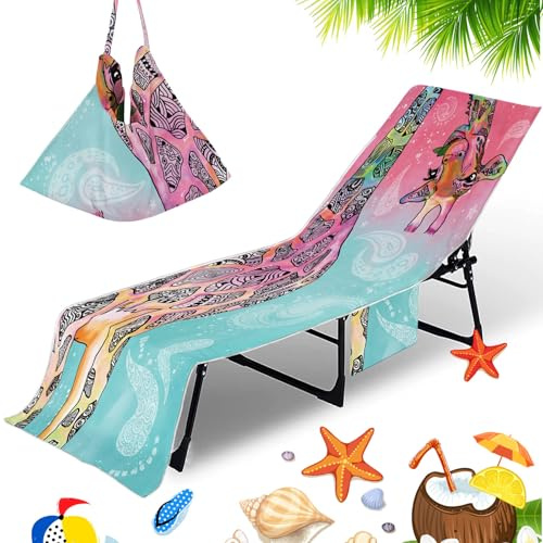 Morbuy Beach Chair Cover Towel, Flamingo Print Beach Towel Lounger Bags Sunbed Towels Microfiber Sun Lounger Towelling for Summer Outdoor Pool Vacation Travel, with Pockets (Giraffe)