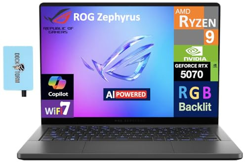 ASUS ROG Zephyrus G14 AI Gaming Laptop 14.0 120Hz Display (AMD Ryzen 9 270, GeForce RTX 5070 8GB, 32GB LPDDR5X, 1TB PCIe SSD, RGB Keyboard, WiFi 7, Webcam, Win 11 Pro) w/DKZ USB Port Expander