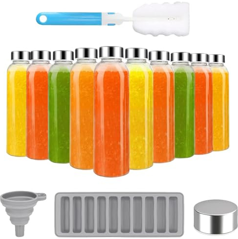 Punklong 10Pcs Glass Bottles with Lids,530ml/18oz Reusable Juice Bottles,Clear Glass Water Bottle,Leakproof whith Stainless Steel Airtight Cap for Refrigerator,Ice Stick Tray,Funnel,Cleaning Brush