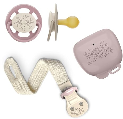 nip Cherry Schnuller Set Schnullerband Schnullerbox 0-6 Monate Kirschform | natürlicher Rundsauger Naturkautschuk/Latex stillfreundlich zahnfreundlich Geschenk zur Geburt Limited Edition lavendel-lila