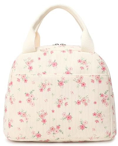 EDLMKM Insulated Lunch Bag for Girls & Women, Pink Floral Print Lunch Bag, Cute Corduroy Cool Bags Lunch Box Container Large Capacity Lunch Tote, Uniquely Shaped Lunchboxes for Work Picnic School