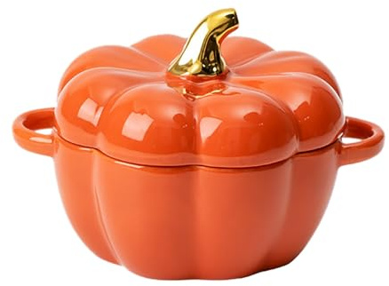 Keramik Kürbis Suppenschüssel 450ml Orange - Mit Henkel & Deckel, Mikrowellengeeignet, Multifunktional als Dessertschüssel Salatschüssel, Decor-Geschirr für Thanksgiving Halloween Kürbisparty (D)