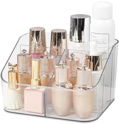 DASITON Make Up Organizer mit 5 Fächern, Pinselhalter Kosmetik Aufbewahrung Makeup Pinsel Organizer aus Acryl, Schminktisch Organizer für Eyeliners, Lippenstift, Schmink und Skincare (Transparent L)