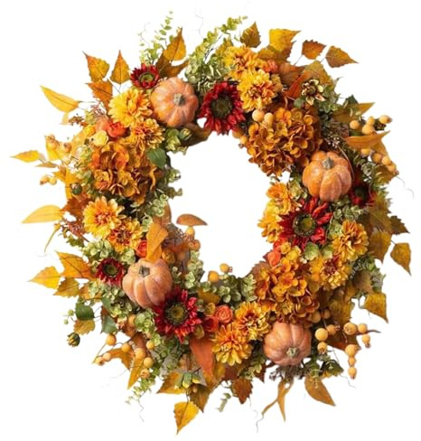 Yonuaret Corona otoñal – Hortensias calabaza corona decoración para puerta de casa – flores artificiales decoración para interior y exterior para fiestas, fiestas, chimenea, casa de campo, entrada