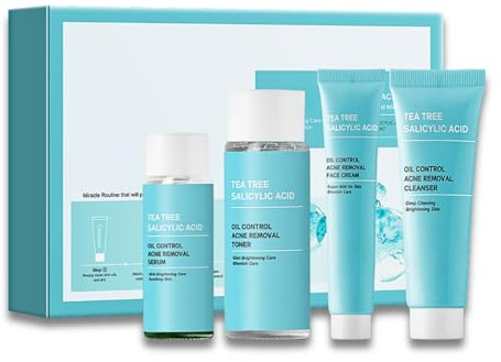 Teebaum & Salicylsäure Gesichtspflege Set - 4 Stück Korean Skincare Set, Anti Pickel & ölige Haut, mit Reiniger, Gesichtswasser, Serum & Gesichtscreme Für Porentiefe Frische, Skin Care sets