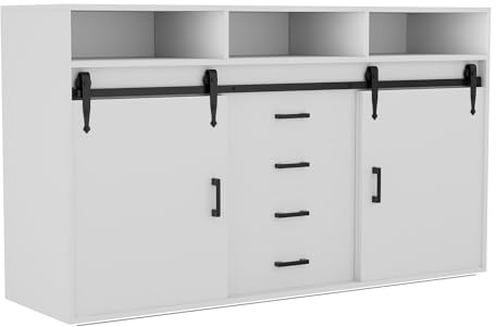 HOMAVO Sideboard HG1-L, Vintage Braun oder Weiß, 140x80x40cm, 2 Schiebetüren, 4 Schubladen, 3 Fächer, für Esszimmer, Schlafzimmer, Home-Office (Weiß, 140 x 80 x 40)