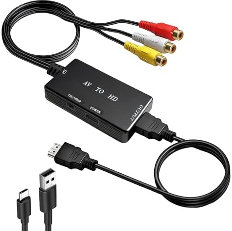 RCA to HDMI Converter with HDMI Cable, AV to HDMI Converter, RCA Input HDMI Output Video Audio Adapter, 720P/1080P Composite Adapter Support PAL/NTSC for Sky/DVD/STB/PS2/PS3/Xbox/SNES/N64/STB/VHS/VCR