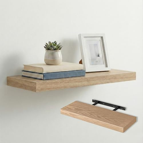 MAKA Mensole da Parete in Mdf con Staffe a Scomparsa – Mensola Moderna Salvaspazio 60/80/90 cm – Colore Rovere, Bianco o Grigio – Spessore 4 cm – Mensole Decorative (Rovere, 60 cm)