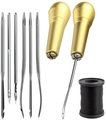 2 piezas Manija de Cobre de Coser, Aguja Magica para Bordar, 6 agujas Mango de cobre Punzón de coser Herramienta de reparación zapatos cuero para reparación zapatos y cuero
