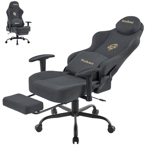 Submi Gaming Sessel, Ergonomischer Stoff PC Gaming Stuhl, Gamer Stuhl mit Fußstütze, Gaming Chair mit Kopfstütze & Lendenstütze, Computerstuhl für Erwachsene, Teenager (Dunkelgrau)