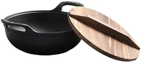 Fockety Wok in Ghisa Pre Stagionato da 11,8 Pollici con Coperchio, Padella Antiaderente a Fondo Piatto, Padella Resistente Non Rivestita per Fornelli a Induzione, a Gas, Elettrici (30 cm/11,8 pollici)