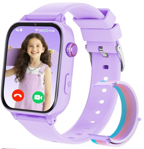 Kinder Smartwatch, GPS Smartwatch für Kinder, 4G KinderUhr Telefon Video/Voice Smart Familienchat SMS/WIFI/SOS Sport Schrittzähler Spiele, Kindergeschenke Armbanduhr Uhr für ab 4 Jahren, Violett