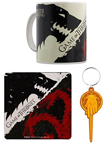 Offizielle Game of Thrones Stark und Targaryen Becher, Schlüsselanhänger und Coaster Geschenkset