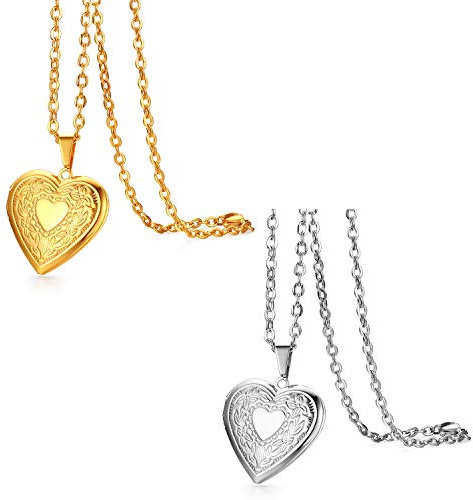 JewelryWe Schmuck 2pcs Edelstahl Foto Medaillon zum Öffnen Photo Bilder Amulett Silber/Gold Retro Blumen Muster Herzanhänger Herzanhänger Halskette Kette mit Anhänger Gravur Muttertagsgeschenk
