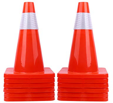 [ 12 Pack ] 18 Traffic Cones PVC Safety Road Parking Cones Weighted Hazard Cones Construction Cones for Traffic Fluorescent Orange w/4 Reflective Strips Collar