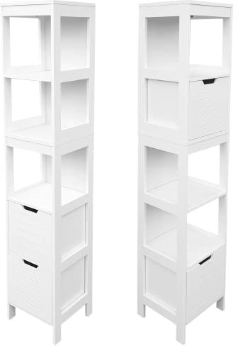 osoltus Beistellschrank Badezimmer Hampton | Cottage Design 1 Tür mit 2 Regalböden und 4 Schubladen | Badezimmerschrank Holz 55 x 32 x 82 cm (LBH) (schmal weiß)