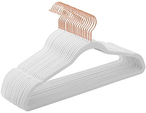 SONGMICS Kleiderbügel Samt, 20er Set, Jackenbügel, 41,5 cm breit, Anzugbügel, dünn, gut belastbar, um 360° drehbarer Haken, für Mäntel, Hemden und Anzüge, Weiß-Roségold CRF026W01