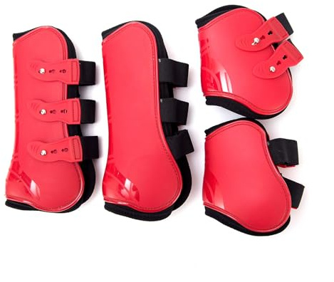 Merauno® Lot de 4 guêtres de protection Fetlock pour chevaux - Protection contre les sauts de chevaux avant et arrière - Robuste - Élastique - En néoprène - Fermeture à boutons S (poney), rouge