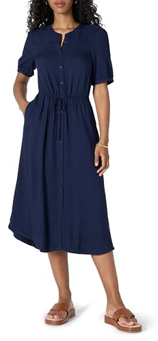 Amazon Essentials Women's Relaxed Fit Half-Sleeve Waisted Midi Shirt Dress, Navy, L