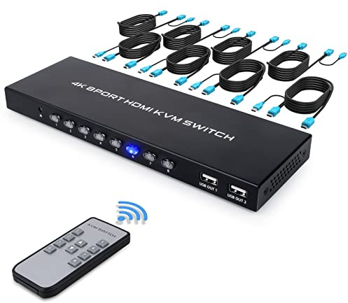 DGODRT HDMI KVM Switch 8 Port 4K@30Hz, Umschalter mit IR-Fernbedienung und 8 Pcs KVM Cables, unterstützt USB2.0-Geräte wie Tastatur, Maus, Festplatten und Drucker