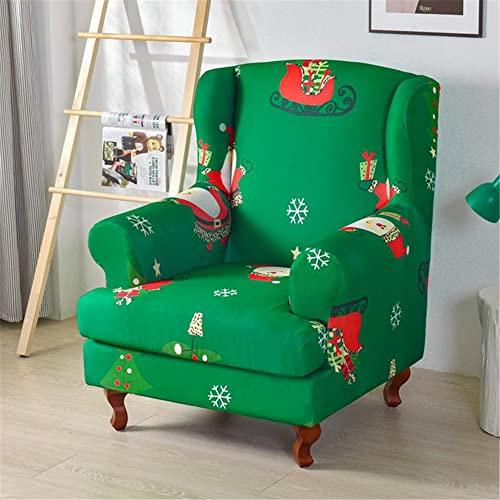 Highdi 2-Teilig Ohrensessel Bezug Sesselbezug Sesselüberwürfe Ohrensessel Überzug Weihnachten Stretch Sesselhusse mit Armlehne für Ohrensessel, Relaxsessel, Fernsehsessel (Weihnachtsmann Grün)
