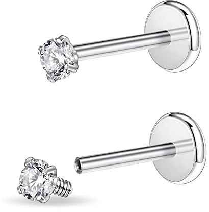 PunkTracker 16g/18g Surgical Steel Internal Thread CZ Stud Piercing Jewelry for Tragus/Nose/Helix/Conch/Medusa/Lip/Labret - Helix Tragus Cartilage Earring for Women Men 2PCS