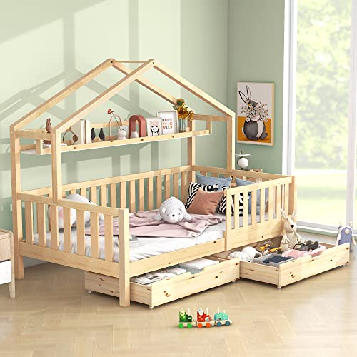 SOFTWEARY Kinderbett mit Lattenrost, Schubladen und Regal, 90x200 cm, Hausbett mit Rausfallschutz, Holzbett aus Kiefer, Einzelbett, Jugendbett, Stauraumbett