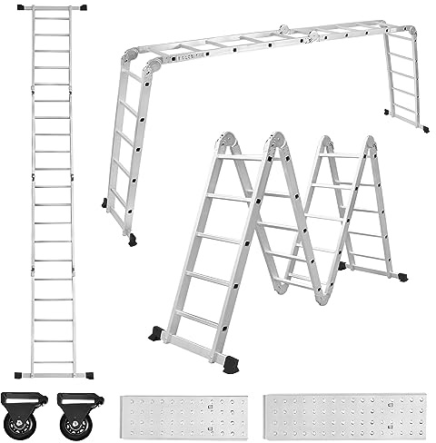 SUBTLETY 6 in 1 Mehrzweckleitern 580cm Aluleiter Baugerüst Sicherheitsleiter inkl. Klappbare Stehleiter 2 Abnehmbar Arbeitsplattform & 2 Rad Rollleitern für Zuhause Werkstatt Garten (4x5 Stufen)