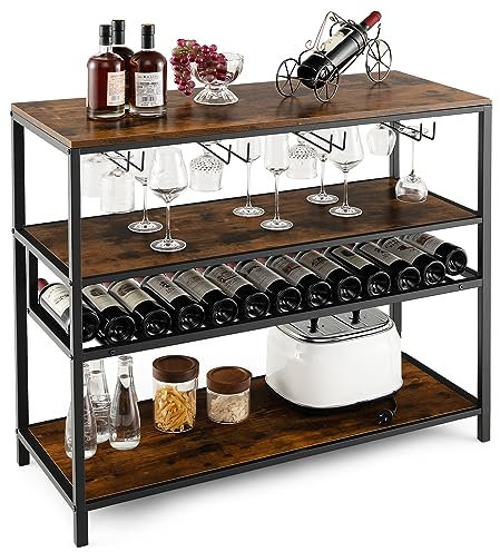 COSTWAY Estante Botellero Vino, Mueble Bar Industrial con Botellero y 4 Filas de Soportes para Vasos, Amplio Tablero y Estantes Abiertos, Armario Independiente para Vinos en Cocina, Comedor, Buffet