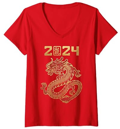 Année du Dragon 2024, Nouvel An chinois, Zodiaque lunaire T-Shirt avec Col en V