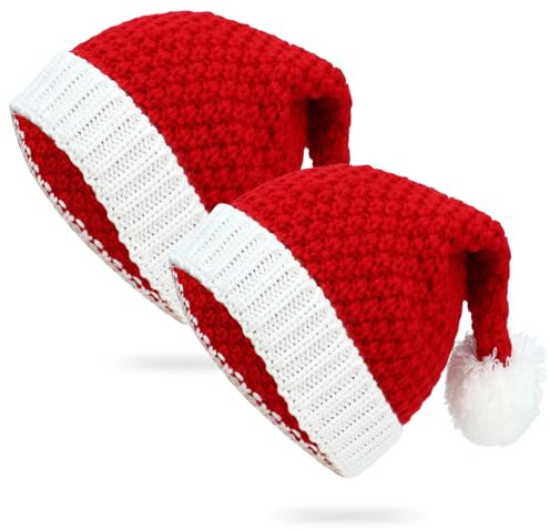 Qixuer 2 Stück Gestrickte Weihnachtsmütze, Weihnachtsmütze für Erwachsene und Kinder Nikolausmütze Plüsch Rand Weihnachtsfeier Rot Weihnachtsmann Mütze Elastische Weich