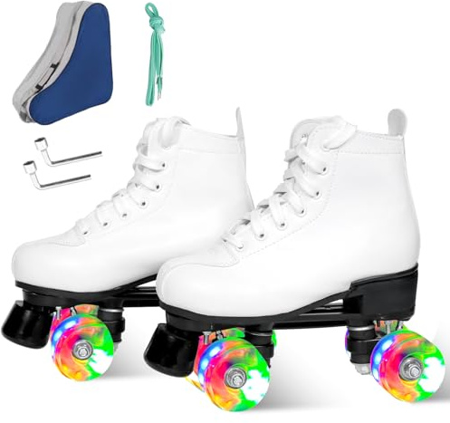 Wiwiy Roller Derby Skates for Women and Men,White Roller Skates for Outdoor Indoor, Adjustable Four Shiny Wheel Roller Skates(Women's 6 / Men's 5)