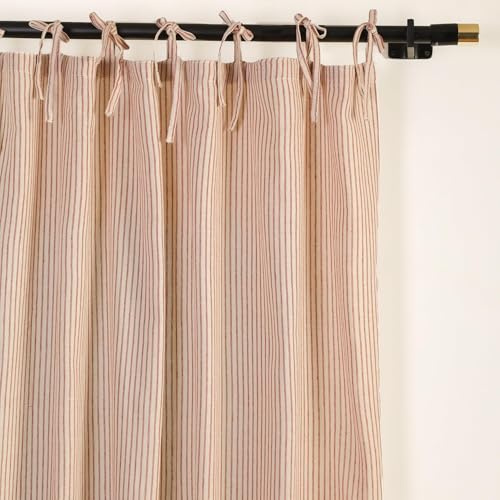 Gauze Striped Curtains, Boho Linen Gauze Tie Top Hanging Curtains Light Filtering Door Window Treatment 2 Panel Curtain Drapes for Living Room Home Décor Maroon on Beige (72x42 Each Panel)