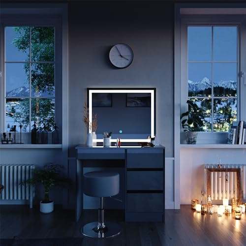 Vicco Schminktisch Sherry, Grau, 90 cm | mit LED Spiegel und Hocker, mit LED-Beleuchtung und höhenverstellbarem Sitz
