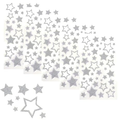 JZK 5 Blätter Silber Sterne Aufkleber Glitzer Selbstklebende Aufkleber Etiketten zum Basteln Glitzer Weihnachten Stern Aufkleber für Weihnachten Hochzeit Jahrestag Geburtstag Party Dekoration