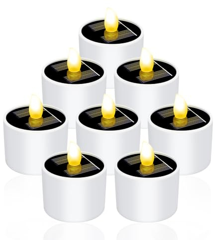 ZOYDP Solar Teelichter für Außen Wasserdicht, 8 Stück Teelichter Solar Outdoor, Flammenlose Solar Teelicht, LED Teelichter Flackernd, Solar Teelichter für Draußen Laterne Garten Hochzeit Party,5x6 cm