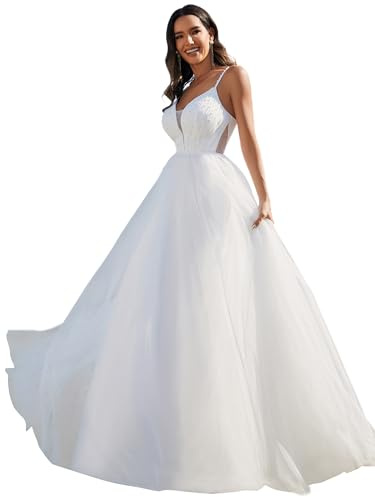 Ever-Pretty Vestito da Sposa Lungo Perla Linea A Stile Impero Collo a V Senza Maniche Abiti da Cerimonia Chic ed Elegante Bianco 44