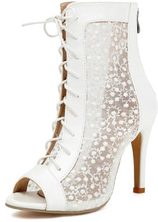 ElegaStep Women Elegant Peep Toe Lace Booties Back Zipper Wedding Boots for Bride Stiletto High Heels Summer Ankle Jazzi Boots Peep Toe White Size 7
