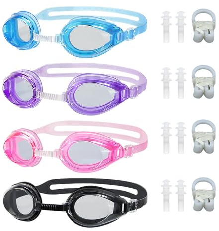 HDGSAFD Occhiali da nuoto per bambini, 4 pezzi, con 4 set di tappi per il naso e clip per le orecchie, impermeabili in silicone, occhialini da nuoto regolabili per spiaggia, piscina, parco acquatico