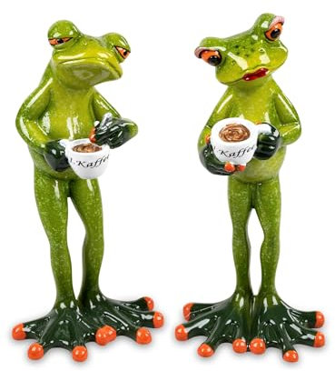 generisch Dekofigur Frosch und Fröschin mit Kaffee | Figur Froschfigur Kaffeetasse | 15 cm