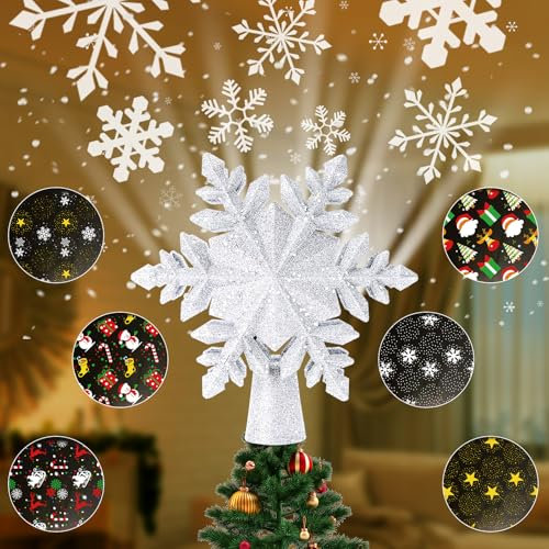 Puntale per Albero di Natale Acemall Decorazione per albero di Natale, Puntale Stella Albero Natale Luci LED a Forma di Fiocco di Neve con 6 modelli rotanti, regalo di per Capodanno