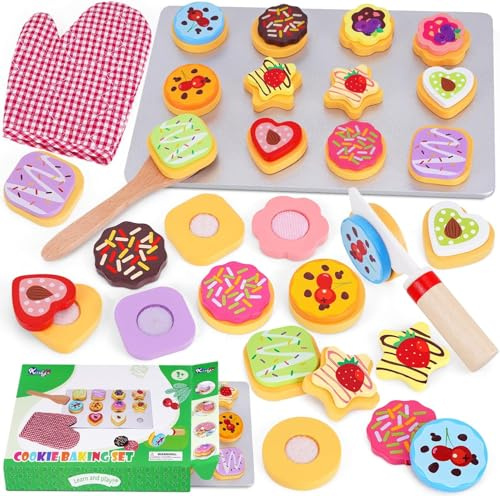 Kinderküche Zubehör Holz, Holzspielzeug Spielküche Zubehör ab 3 Jahre, Holz-Keksbackset zum Schneiden und Backen mit Klett, Montessori Spielzeug Kinderspielzeug Weihnachten Geschenk für Jungen Mädchen