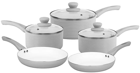 URBN-CHEF 8Pcs Non-Stick Ribbed Aluminium Induction Hob Cookware Set with Saucepans, Pots, Lids, and Frying Pans - Heat-Resistant Handles, Durable Cooking Set for Home Kitchen Use