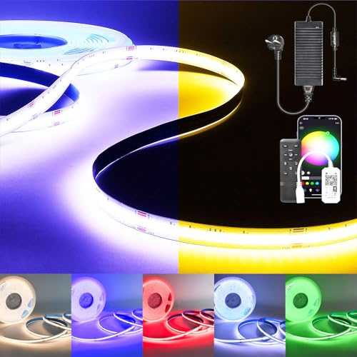 SUBOSI 5M WIFI COB RGBWW LED Streifen Set, 784 LEDs/M Smart Lichtband mit Netzteil & Fernbedienung, 24V Dimmbar Lichtleiste Kompatibel mit Alexa/Google Home für Zimmer & Deko