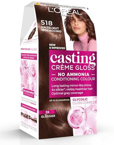 L’Oréal Paris Ammonia Free Semi-Permanent Hair Dye, 518 Hazelnut Moccaccino, Natural Looking Finish, For up to 28 Shampoos, Casting Crème Gloss, 1 Application